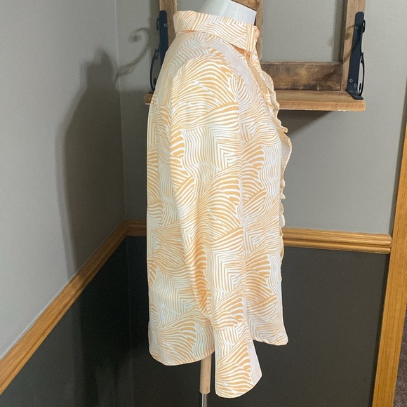 Chico’s orange & white zebra striped button down ruffle long sleeve top size XS - Picture 3 of 9